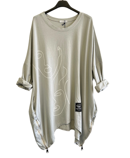 Face Print Batwing Style Zip Detail Top In Beige