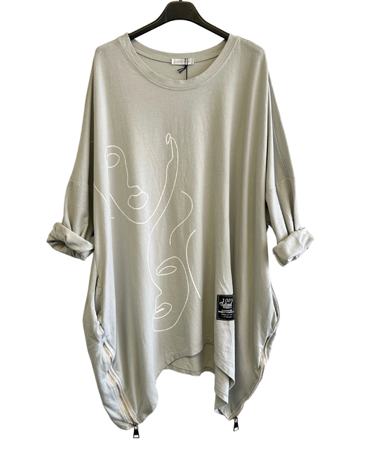 Face Print Batwing Style Zip Detail Top In Beige