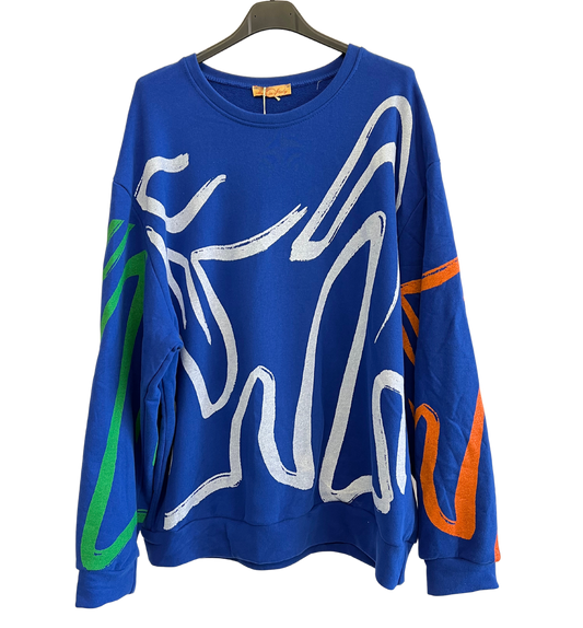 Paint Brush Print Pullover Casual Sweatshirt In Royal Blue