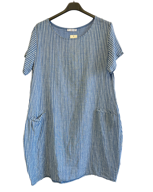 Short Sleeved Long Striped Dress In Blue