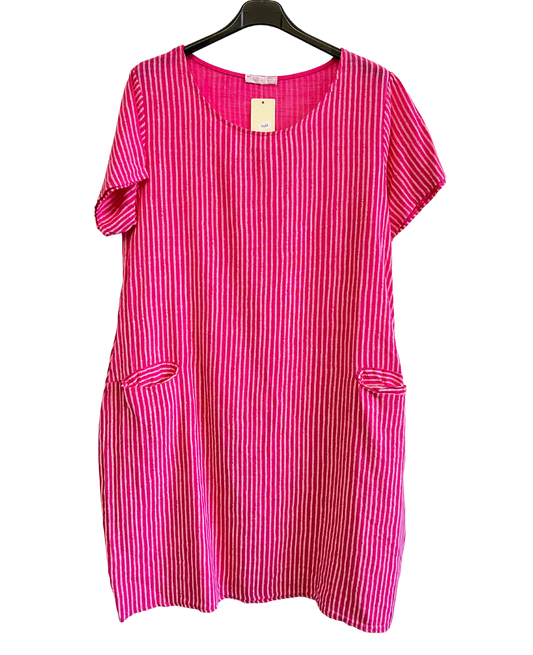 Short Sleeved Long Striped Dress In Fuchsia