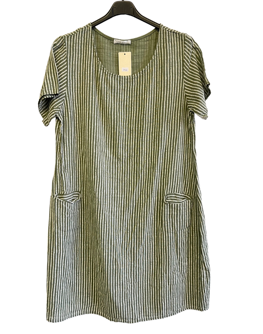 Short Sleeved Long Striped Dress In Khaki