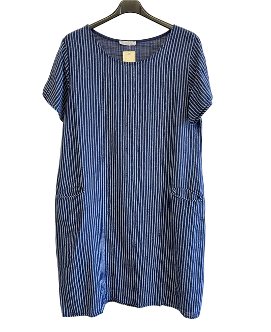 Short Sleeved Long Striped Dress In Navy