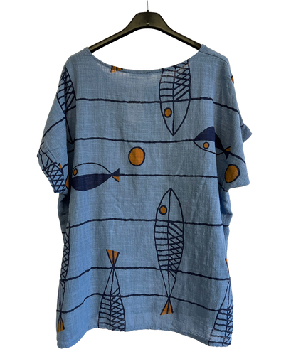 Fish Print Casual Tunic Top In Denim