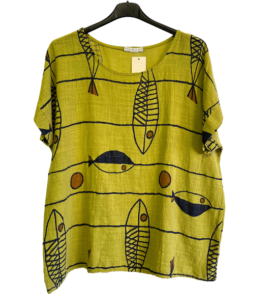 Fish Print Casual Tunic Top In Lime