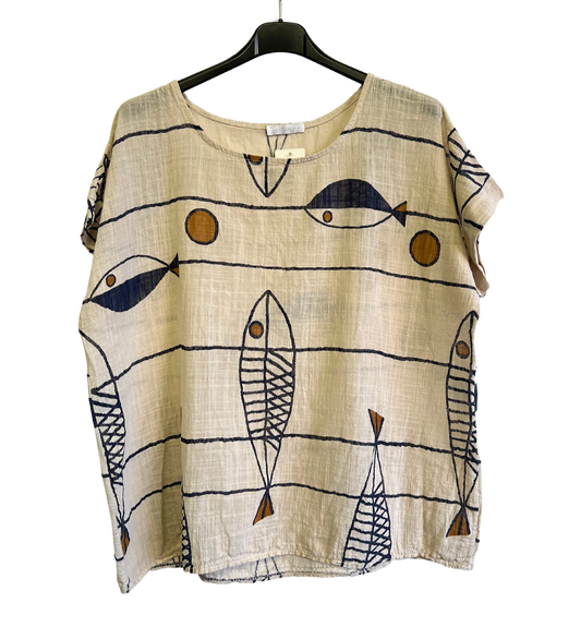 Fish Print Casual Tunic Top In Beige