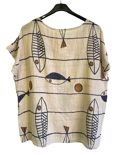 Fish Print Casual Tunic Top In Beige