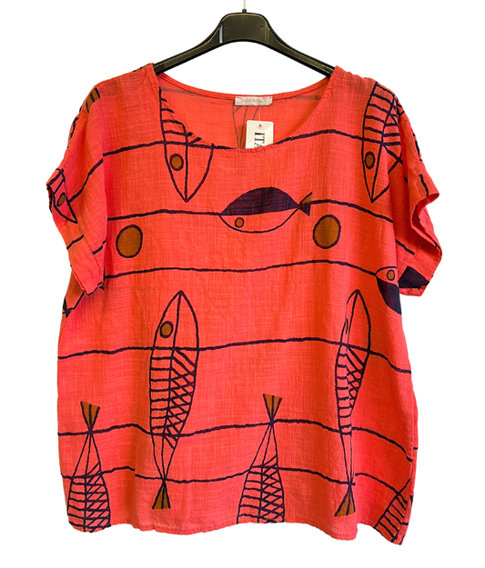 Fish Print Casual Tunic Top In Coral