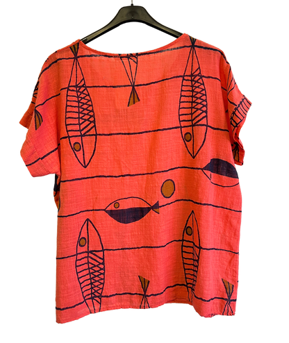 Fish Print Casual Tunic Top In Coral