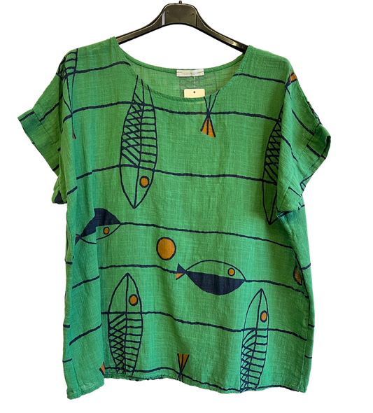 Fish Print Casual Tunic Top In Gucci Green