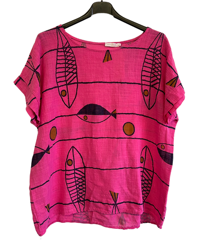 Fish Print Casual Tunic Top In Fuchsia