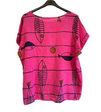 Fish Print Casual Tunic Top In Fuchsia