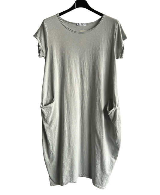 Quirky Soft Cotton Stretch 2 Pocket Long Tunic Dress In Silver Grey