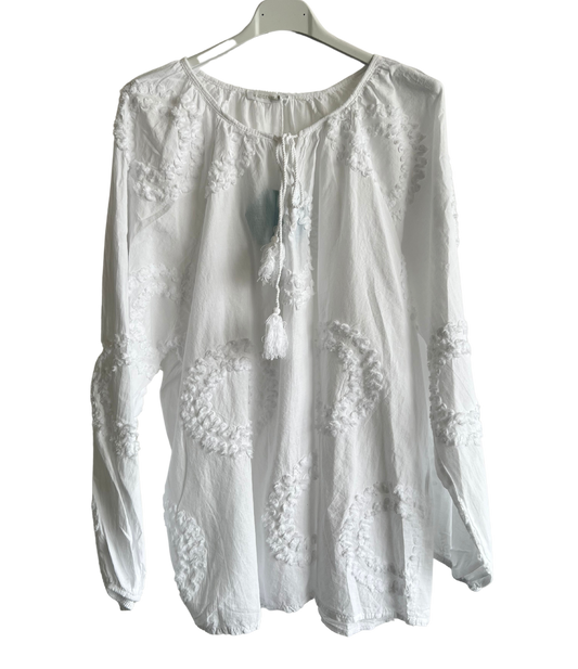 Summer Tassel Tie Cotton Circle Pattern Top In White