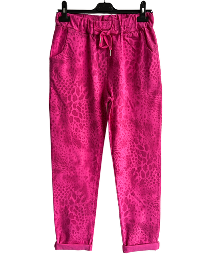 Leopard Print Stretchy Magic Pants In Fuchsia