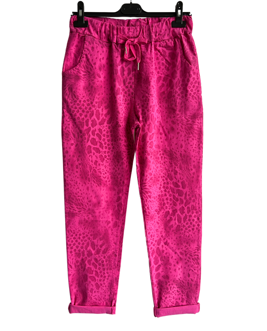 Leopard Print Stretchy Magic Pants In Fuchsia