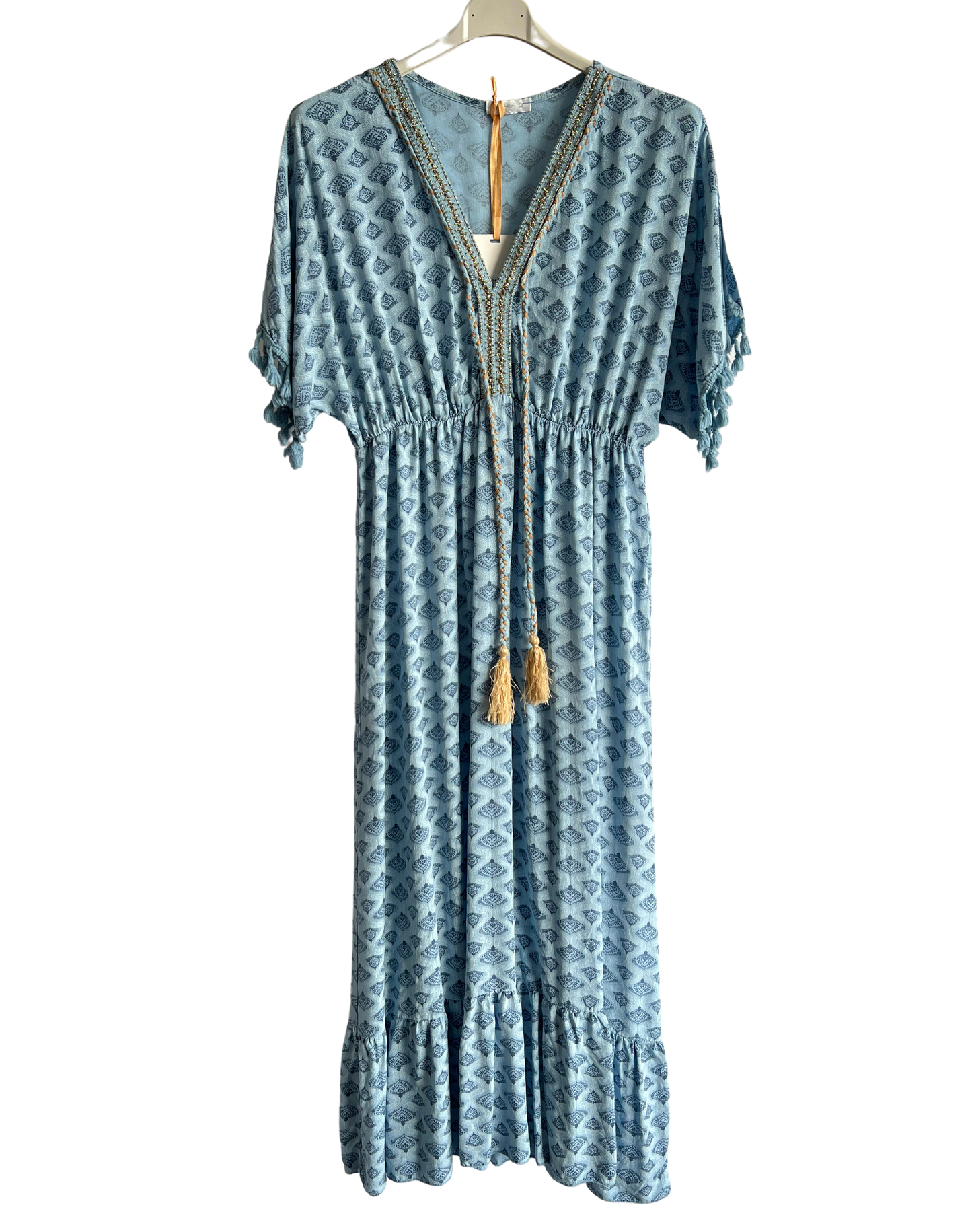 Summer Tassel Tie Dye Short Sleeve Long Maxi Dress In Light Blue