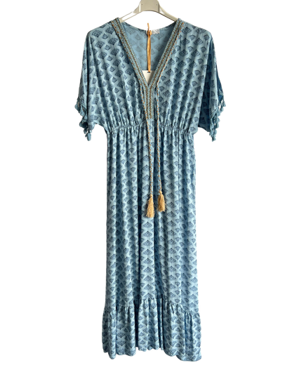 Summer Tassel Tie Dye Short Sleeve Long Maxi Dress In Light Blue