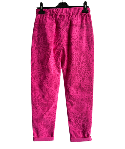 Leopard Print Stretchy Magic Pants In Fuchsia