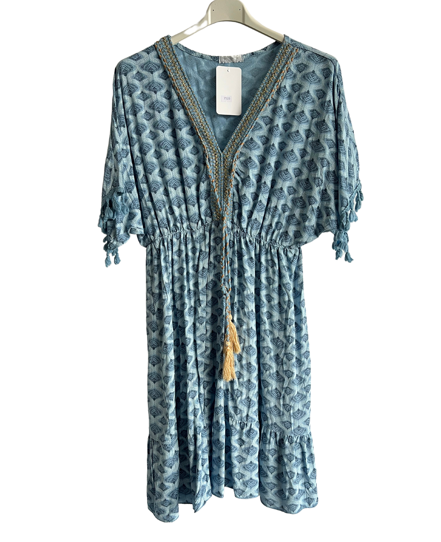 Summer Lightweight Tassel Tie Dye Mid Length Dress In Light Blue