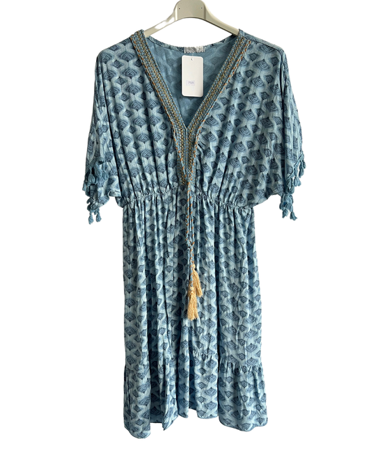 Summer Lightweight Tassel Tie Dye Mid Length Dress In Light Blue