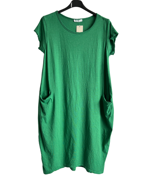 Quirky Soft Cotton Stretch 2 Pocket Long Tunic Dress In Green