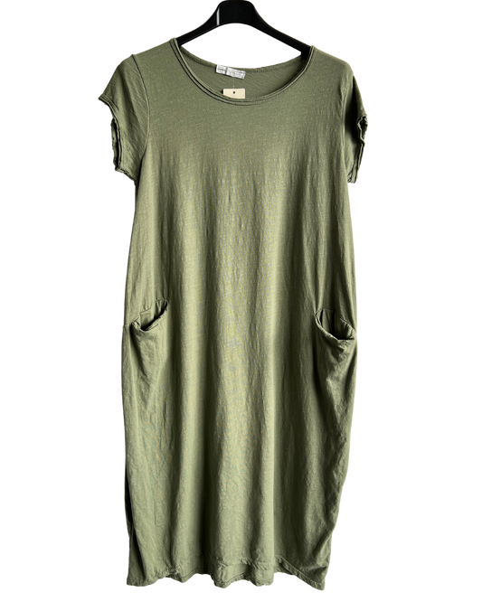 Quirky Soft Cotton Stretch 2 Pocket Long Tunic Dress In Khaki