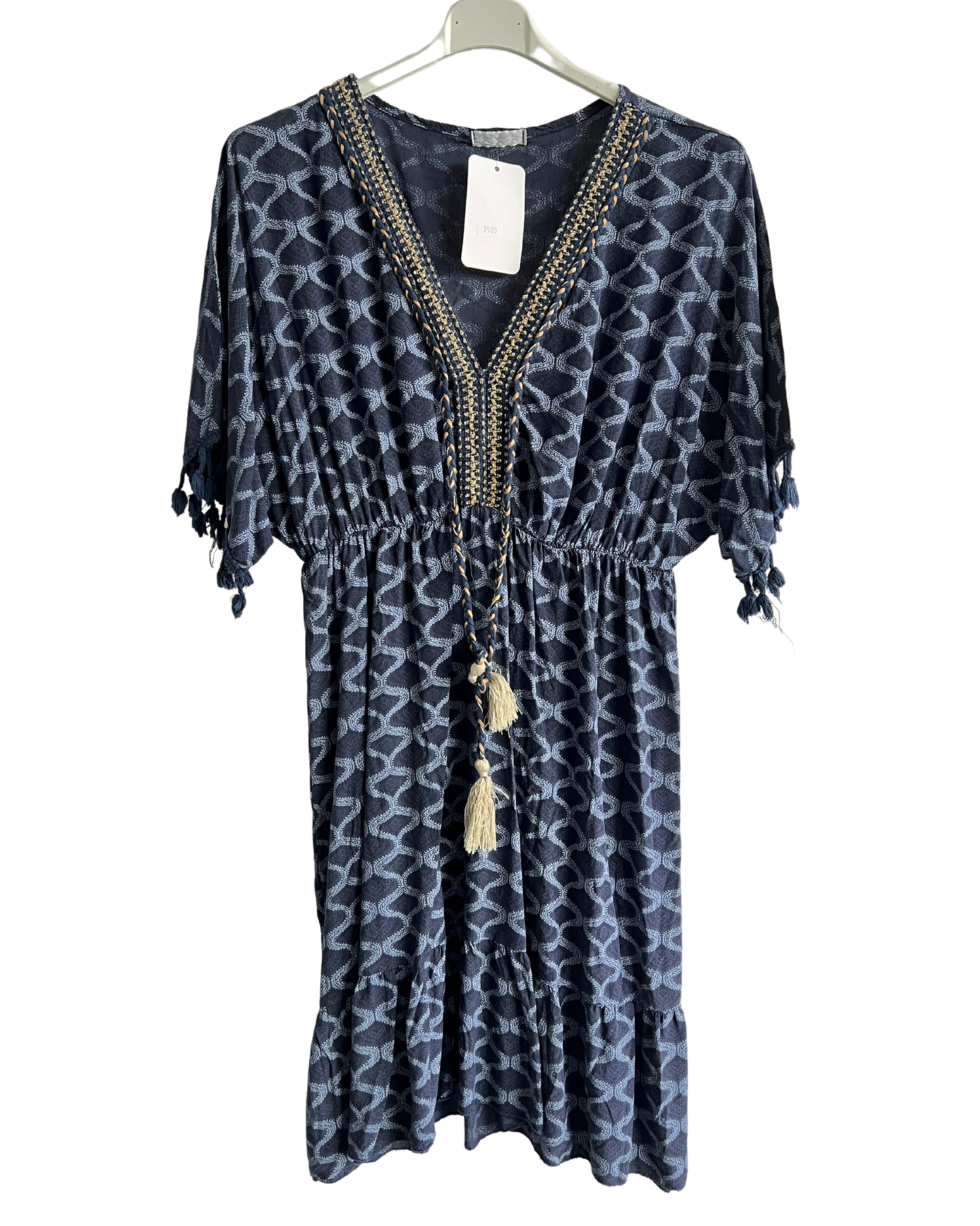 Summer Lightweight Tassel Tie Dye Mid Length Dress In Navy