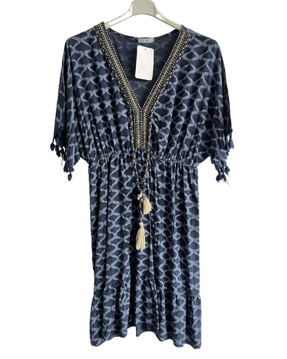 Summer Lightweight Tassel Tie Dye Mid Length Dress In Navy