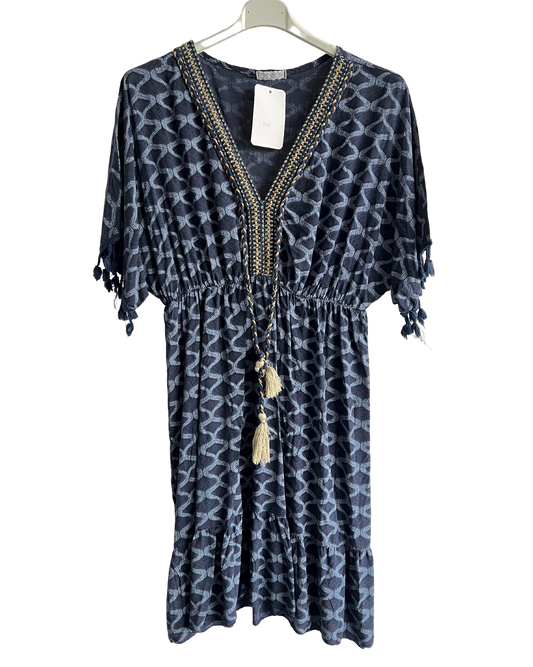 Summer Lightweight Tassel Tie Dye Mid Length Dress In Navy