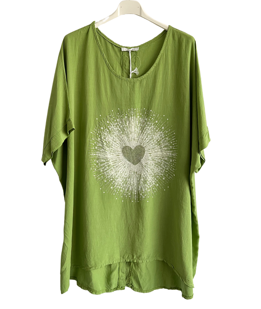 Heart Sequin Burst Effect Tie Dye Top In Lime Green