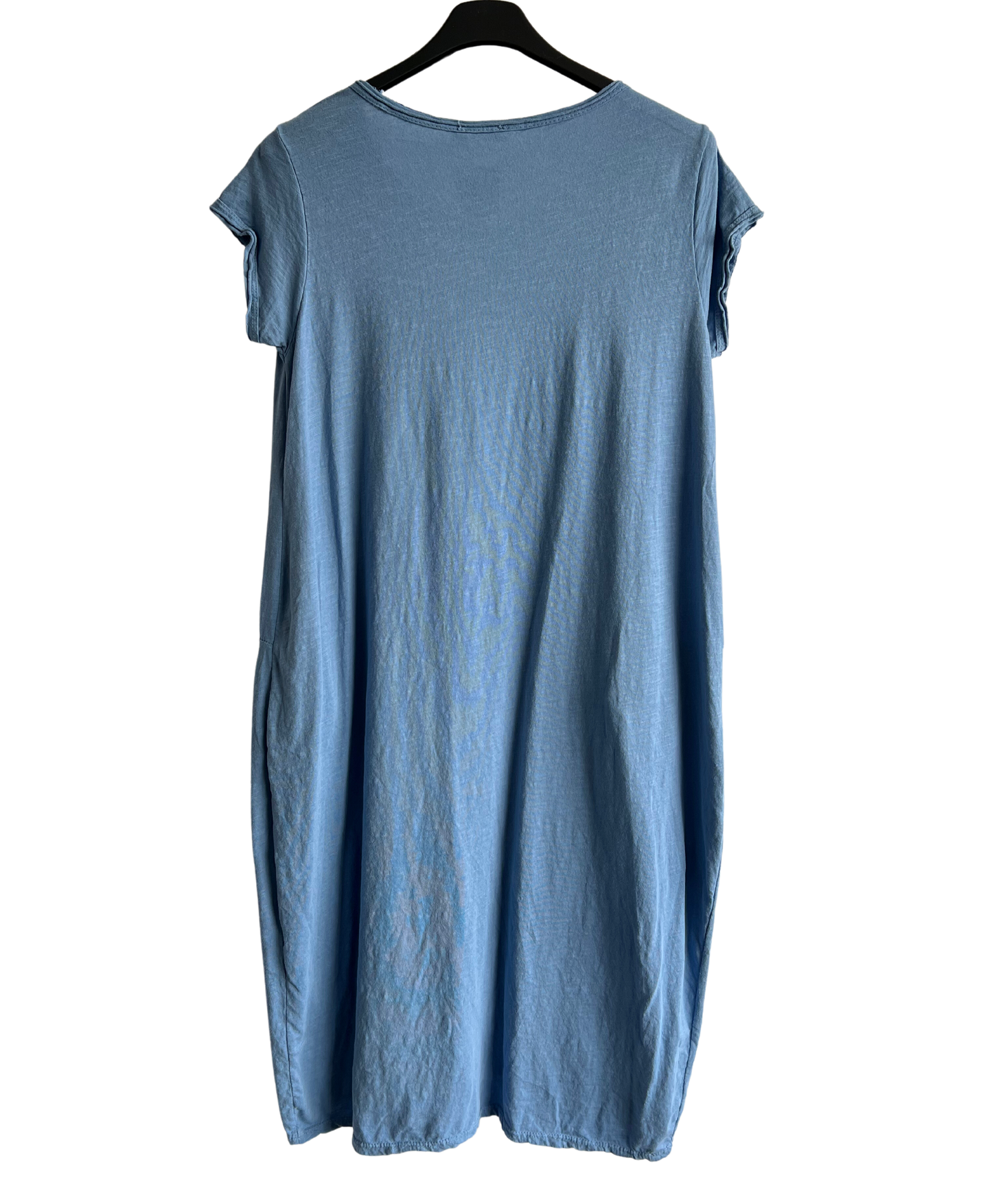 Quirky Soft Cotton Stretch 2 Pocket Long Tunic Dress In Denim Blue