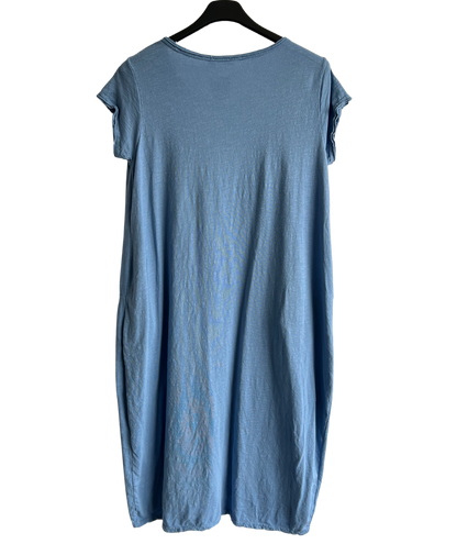 Quirky Soft Cotton Stretch 2 Pocket Long Tunic Dress In Denim Blue