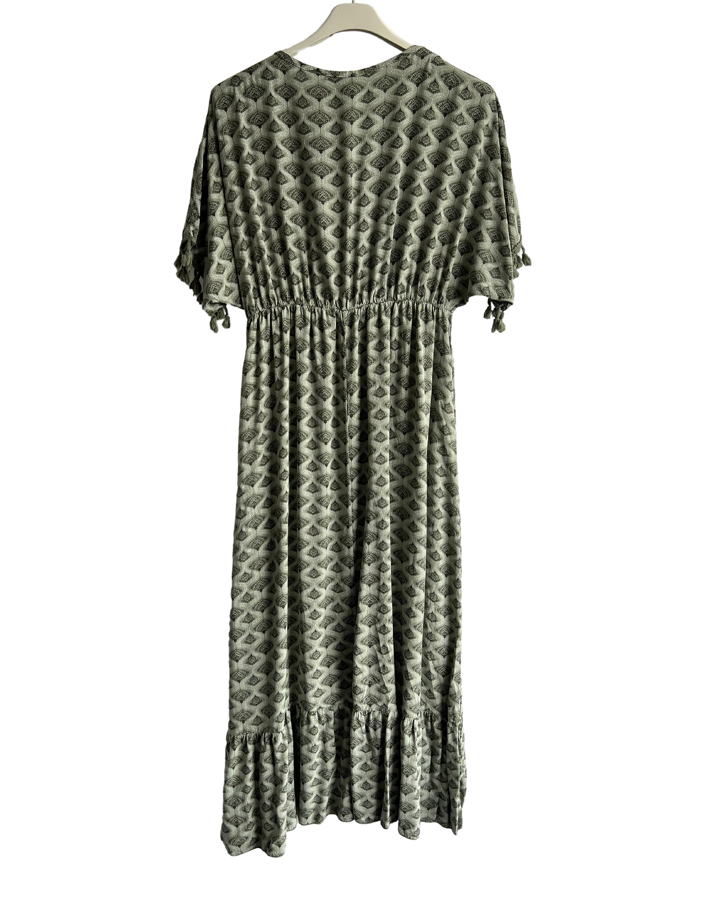 Summer Tassel Tie Dye Short Sleeve Long Maxi Dress In Khaki