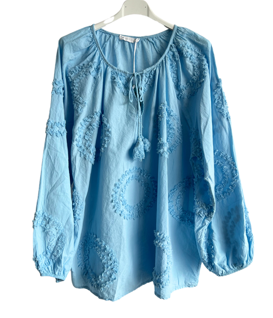 Summer Tassel Tie Cotton Circle Pattern Top In Light Blue